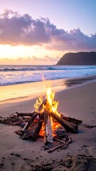 Naklejka premium Bonfire on a sandy beach at sunset, ocean waves nearby