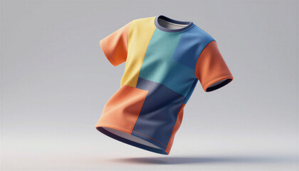 Realistic 3D T-shirt mockup with layered design, visible panels and stitching details, floating mid-air at an angle under soft directional lighting, modern and dynamic setup  