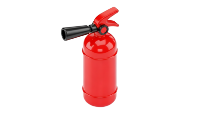 Red fire extinguisher with black nozzle and handle isolated on a transparent background