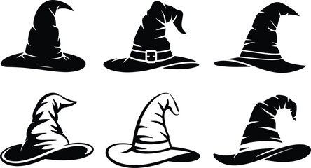  Witch hat silhouette set, magic wizard headwear icons, Halloween vector design elements, black mystical party accessories © Majnur