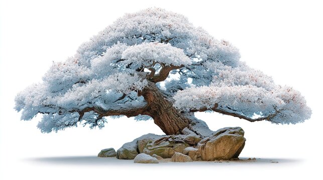 Ancient windswept bonsai, its gnarled trunk and bleached driftwood jin frozen in mid-twist, stands in quiet solitude against a seamless arctic-white backdrop.