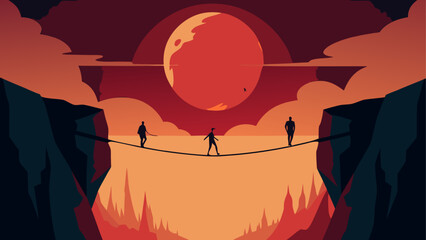 People walking on rope bridge at sunset © Devili