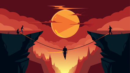 People walking on rope with sunset scene © Devili