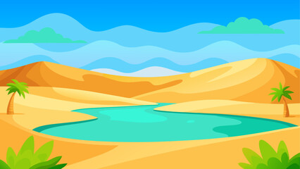 Illustration of desert oasis with palms © Devili