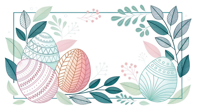 Modern minimalist Easter frame using abstract egg shapes and spring leaves, thin line art, pastel gradients, clean geometric border, contemporary design, copy space, isolated on white background