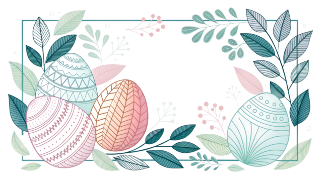 Modern minimalist Easter frame using abstract egg shapes and spring leaves, thin line art, pastel gradients, clean geometric border, contemporary design, copy space, isolated on white background - Powered by Adobe