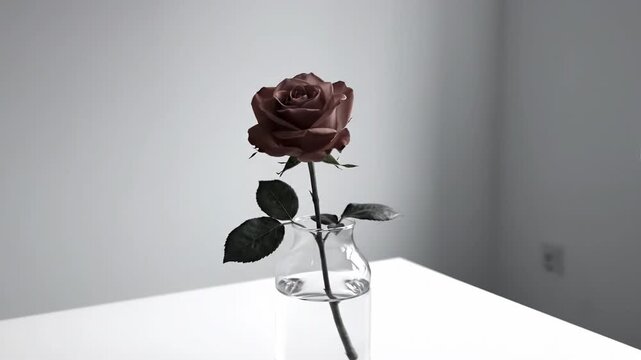 A serene and elegant still life of a single brown rose in a clear glass vase on a white table, evoking a sense of calmness and simplicity.