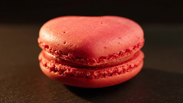 A single pink macaron sitting on a dark slate plate, lit from the side, evoking a sense of indulgence and luxury.