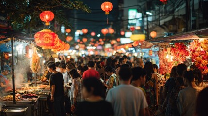 Experience the Energy of a Vibrant Asian Night Market Filled With Glowing Lanterns and Bustling Street Food Stalls