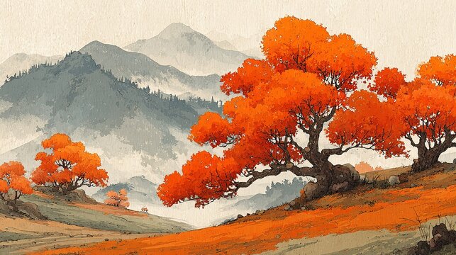 Ultra-HD 4K digital scroll inspired by traditional Chinese ink painting: mist-veiled orange-leaf maples glow like lanterns across layered hills, while distant indigo mountains dissolve into soft xuan-