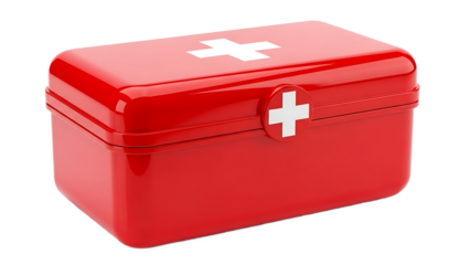 Red metal first aid kit box with white cross isolated on a transparent background