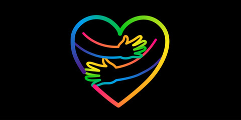 A vibrant rainbow heart with two arms embracing, symbolizing love, diversity, and support