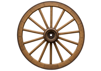 a hyper-detailed, close-up study of an antique wooden wagon wheel featuring high-contrast oak grain and rusty iron hub on a transparent background. Concept of historical craftsmanship