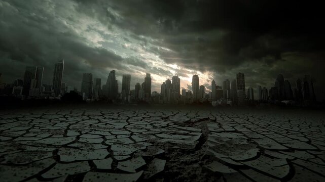 Apocalypse cracked earth dead city dark sky climate change disaster scene dramatic cloud ruined skyline end times drought dust storm dystopian urban