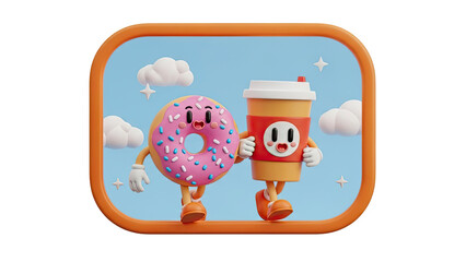 Naklejka premium Animated Donut and Coffee Cup Friends Walking Together