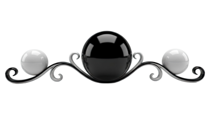 Black and white spheres on a decorative scrollwork