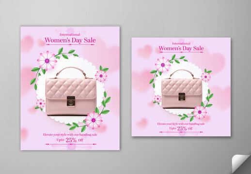 Editable International Women&rsquo;s Day Fashion Sale Social Media Post Set with Elegant Female Handbag and Up to 25 Percent Discount Offer in White and Pink Theme.