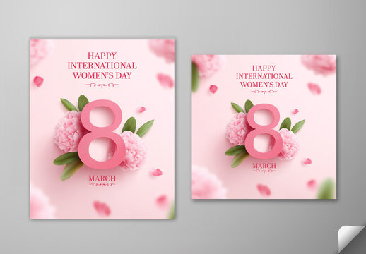 Editable Happy International Women&rsquo;s Day Social Media Post Set with 3D Number 8 March and Decorative Flowers on Pink Background.