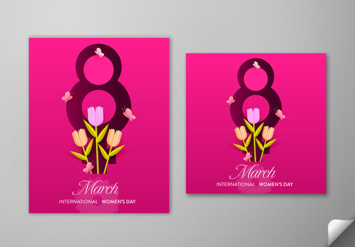 Editable 8 March International Women&rsquo;s Day Social Media Post Set with Creative Number Eight and Venus Symbol Decorated with Paper Tulip Flowers and Butterflies on Pink Background.