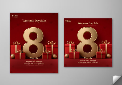 Editable 8 March International Women&rsquo;s Day Sale Social Media Post Set in Red and Golden Theme with 3D Number and Gift Boxes.