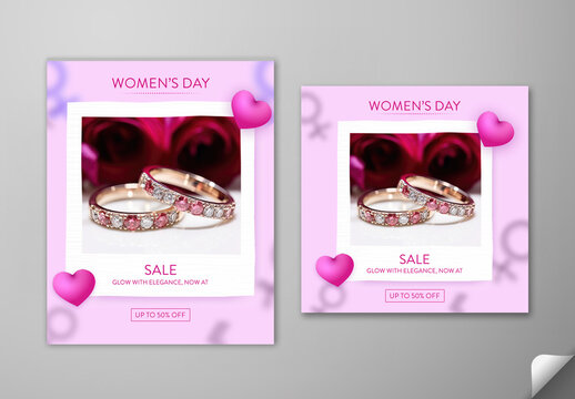Editable International Women&rsquo;s Day Jewelry Sale Social Media Post Set with Diamond Bangles and Up to 50 Percent Discount Offer in White and Pink Theme.