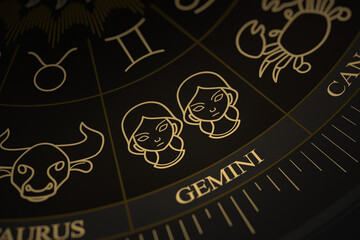 Detailed close-up of the Gemini symbol on a gold and black astrology chart wheel featuring various zodiac constellations and symbols.