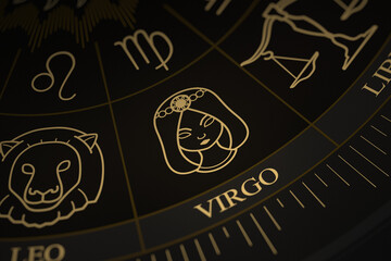 Detailed close-up of the Virgo symbol on a gold and black astrology chart wheel featuring various zodiac constellations and symbols.