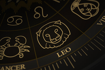 Detailed close-up of the Leo symbol on a gold and black astrology chart wheel featuring various zodiac constellations and symbols.