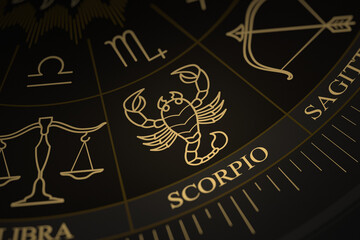 Detailed close-up of the Scorpio symbol on a gold and black astrology chart wheel featuring various zodiac constellations and symbols.