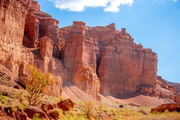 Fototapeta premium Charyn Canyon, Valley of Castles. The excellence of Kazakhstan. Panorama of natural unusual landscape. The red canyon of extraordinary beauty looks like a Martian landscape.