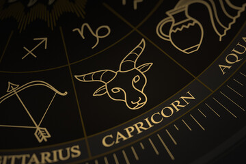 Detailed close-up of the Capricorn symbol on a gold and black astrology chart wheel featuring various zodiac constellations and symbols.