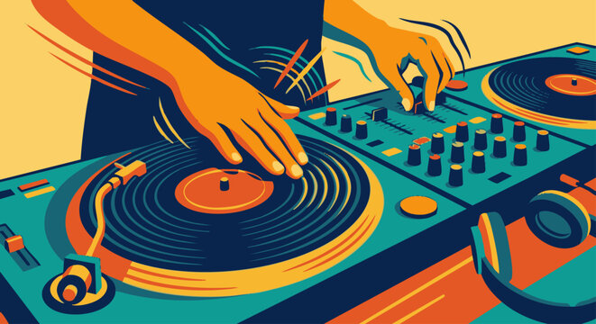 DJ Scratching Vinyl
A flat vector illustration of a DJ scratching vinyl records on a turntable. Focus on hands and equipment. Flat vector design with dynamic motion lines.
