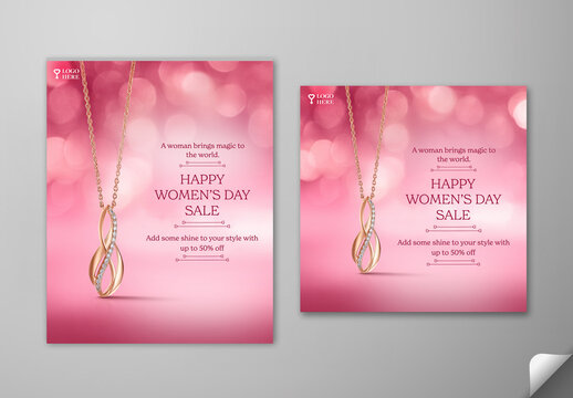 Editable Happy Women&rsquo;s Day Sale Social Media Post Set in Pink Theme with Infinity Diamond Necklace Jewelry and Up to 50 Percent Discount Offer.