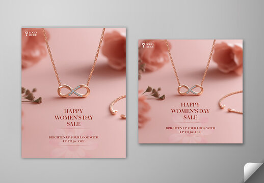 Editable Happy Women&rsquo;s Day Sale Social Media Post Set in Pink Theme with Infinity Diamond Necklace Jewelry and Up to 50 Percent Discount Offer.