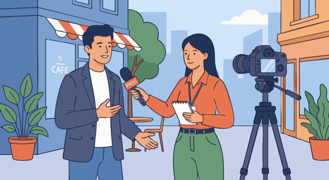 Journalist Conducting Interview
A flat vector illustration of a journalist interviewing a person using a microphone or recorder. Camera or notebook visible. Flat vector design with clear storytelling 