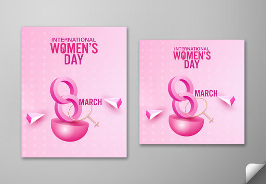 Editable International Women&rsquo;s Day Social Media Post Set with 3D Number 8 March and Golden Venus Symbol on Pink Polka Dots Background.