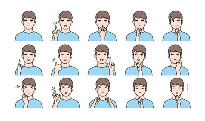 若い男性の様々表情バリエーションセット　ベクター	
