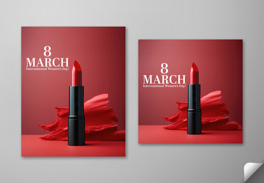 Editable 8 March International Women&rsquo;s Day Social Media Post Set in Red Theme with Elegant Lipstick.