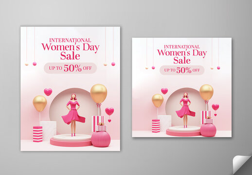 Editable International Women&rsquo;s Day Sale Social Media Post Set in Pink Theme with Up to 50 Percent Discount Offer and 3D Female Model Illustration on Podium.