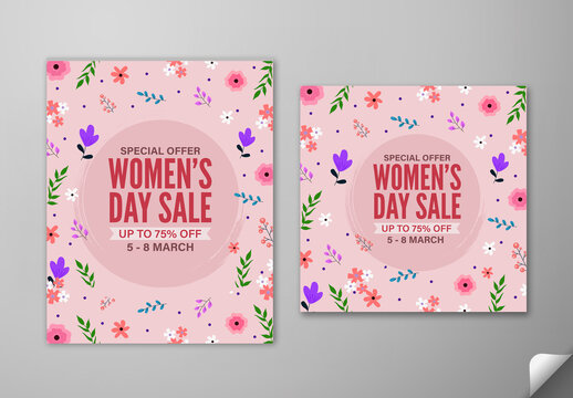 Editable 8 March International Women&rsquo;s Day Sale Social Media Post Set with Up to 75 Percent Discount and Colorful Floral Decorated on Pink Background.