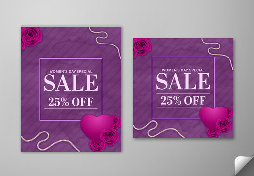 Editable International Women&rsquo;s Day Sale Social Media Post Set with 25 Percent Discount Offer, Pink Hearts and Roses, and Pearls on Purple Striped Background.