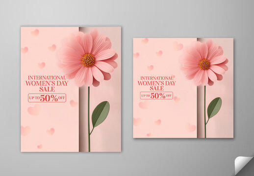 Editable International Women&rsquo;s Day Sale Social Media Post Set in Pink Theme with Up to 50 Percent Discount Offer.