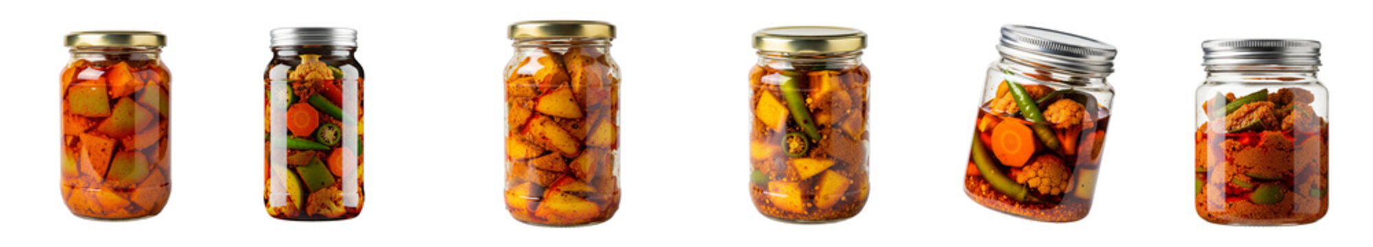 Collection of traditional Indian pickles in glass jars featuring mango lime and mixed vegetables with spices isolated on a transparent background