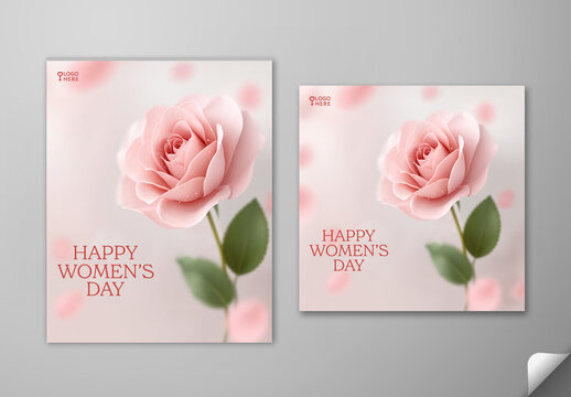 Editable Happy Women&rsquo;s Day Greeting Card, Social Media Post Set with Pink Rose and Soft Blurred Background.