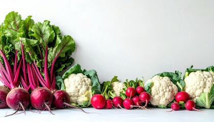 Fresh Assortment of Root Vegetables and Cauliflower on a White Surface.