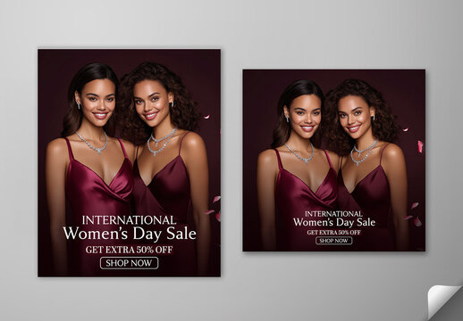Editable International Women's Day Sale Social Media Post Set with 50 Percent Discount, Two Elegant Women in Burgundy Fashion Dress and Diamond Necklace.