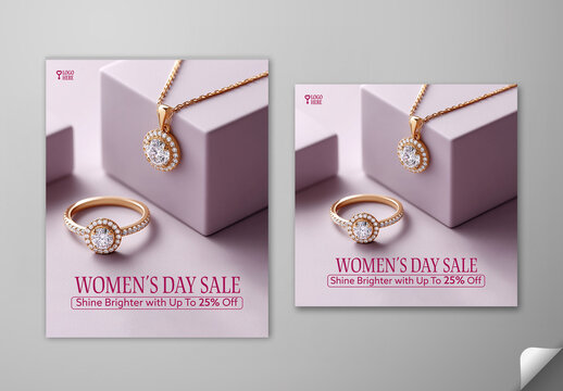 Editable International Women's Day Jewelry Sale Social Media Post Template Set with Diamond Ring and Elegant Necklace on Mauve Pink Background.