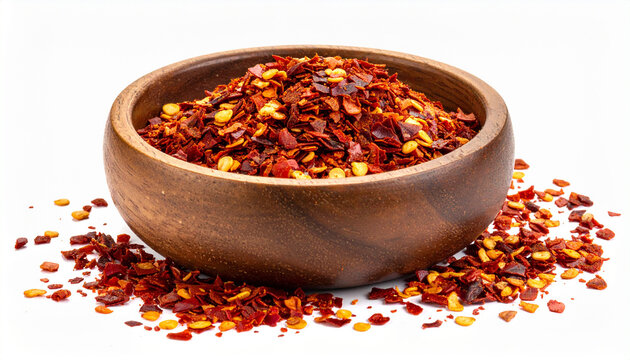 dried chili seeds peppers in wooden bowl isolated on white background