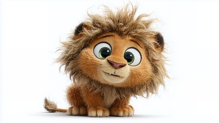 Cute cartoon lion cub with fluffy mane and big expressive eyes isolated on white background