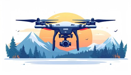 Modern Drone Flying Over Snowy Mountains at Sunset.